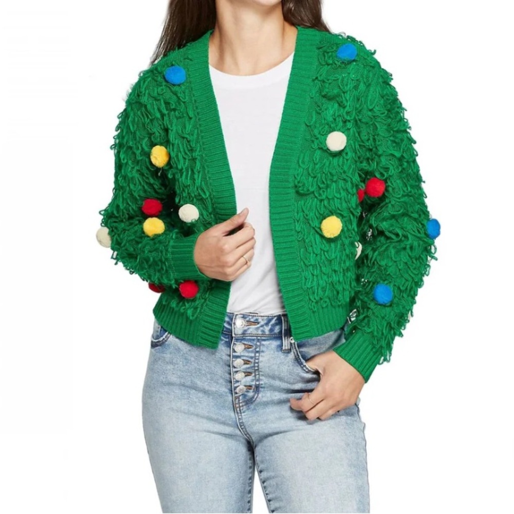 Christmas Cardigan with Colorful Pom- Pom’s Medium